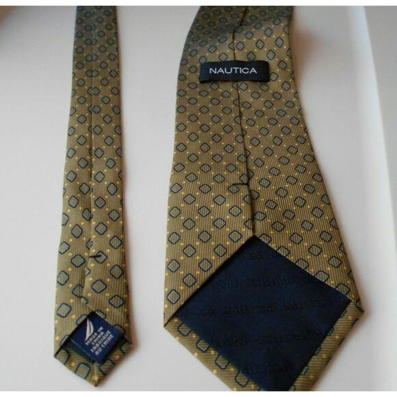 Nautica Mens Tie 100% Silk Neckwear Greenish Brown Blue Yellow Diamond Pattern - Picture 3 of 8